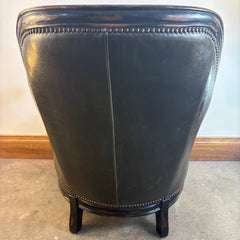 Pair of Vanguard Leather & Paisley Fabric Club Chairs w/ Nailhead Detail & Ebonized Finish, Sku 033715