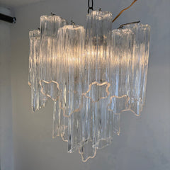 Vintage Italian Tubular "Tronchi" Blown Glass Chandelier on Silver Tone Structure Possibly Murano, 034047