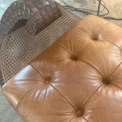 Gondola Style Chaise Tufted Leather Upholstery Case Constructed in Wood and Cane with Coconut Shell Veneer and Claw Feet, Sku 033076