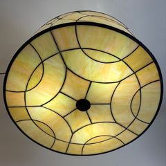Contemporary Stained Glass Pendant with 3 Sockets, Pale Yellow Swirl Glass, Oil Rubbed Bronze Elliptical Down Rod Support, Sku 033760