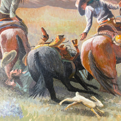 Original Acrylic on Canvas Signed by Artist, Kuhn, "Cowboy Down" With Jack Rabbit, Sku: 033449