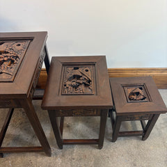 Early 1900's Japanese Hand Carved Set of Four Nesting Tables w/ Glass Inserts Available, Sku 033774