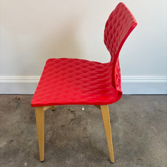Set of 4 Metalmobil Dining Chairs Molded Red Shell, Diamond Pattern on Maple Leg Structure, Sku 033835