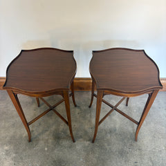 Pair of Vintage English Wood Tea Tables Scalloped Top, X Base, Tall Slender Legs, Sku: 033650