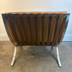 Barcelona Chair Designed by Mies van der Rohe in 1929 Polished Chrome Crisscross Base and New Hand Stitched Welted Carmel Brown Leather Squares, Sku 034141