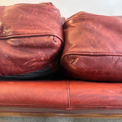 Stanford Leather Sofa in Rustic Oxblood Color Rolled Arms on a Plinth Style Base Sku 033888