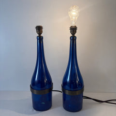Pair of Wine Bottle Sconces Cobalt & Antique Brass Fittings, Sku 033604