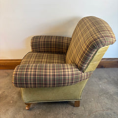 Great Western Brand Armchair Ottoman Set, Pale Green Leather, Plaid Upholstery, Sku: 033674