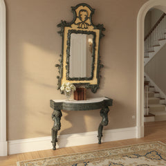 Antique French Renaissance Revival Wall Mounted Console Table, Mirror, Verdigris Finished Metal, Faux Stone, Sku: 033516