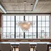 Visual Comfort AERIN "Loire" Semi-Flush Chandelier, White Strie Glass Disc Detail, Polished Silver Tone Base, Sku 033635