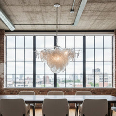 Visual Comfort AERIN "Loire" Semi-Flush Chandelier, White Strie Glass Disc Detail, Polished Silver Tone Base, Sku 033635