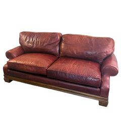Stanford Leather Sofa in Rustic Oxblood Color Rolled Arms on a Plinth Style Base Sku 033888