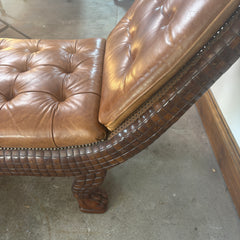 Gondola Style Chaise Tufted Leather Upholstery Case Constructed in Wood and Cane with Coconut Shell Veneer and Claw Feet, Sku 033076