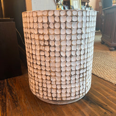 Drum Style End Table with White and Beige Geometric Carved Pattern Construction, Sku 033834