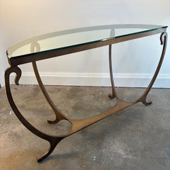 Thomasville Glass and Steel Demilune Console Table. Base Color is Umber and the Shape Features Swoops and Convex Curves, Sku 034040