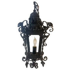 Vintage Iron Lantern Style Pendant with Scrolls and Florets, Black Finish, Sku 033482