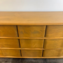 Vintage Heywood Wakefield Sculptura 9 Drawer Dresser Solid Birch in Wheat Finish, Sku 033897
