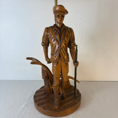 Vintage Table Lamp, Carved Wood Farmer, Plow and Brass Shot Gun, Textured Vintage Shade, Sku: 033523