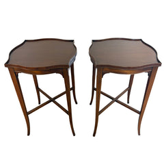 Pair of Vintage English Wood Tea Tables Scalloped Top, X Base, Tall Slender Legs, Sku: 033650