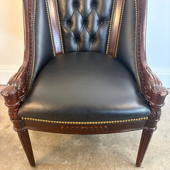 Hancock and Moore Black Leather Armchair Tufted Back Elaborate Wood Frame with Interlocked Coin Design, Sku 034126