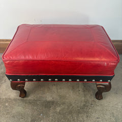 TLSC TEXAS Custom Upholstered Wing Chair and Ottoman Contrasting Red and Black Leather, Sku 033313