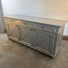 Credenza, Three Lower Cabinets, 3 Top Drawers Finish inSoft Silver, Pale Gold Trim, Sku: 033622