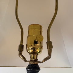 Pair of Bronze Table Lamps with Palm Tree & Monkeys, Beige Silk & Pleated Shade, Sku: 033089