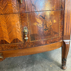 Antique Bowed Front Chest of Drawers w/ Marble Top & Intricate Marquetry Detail, Sku 034055