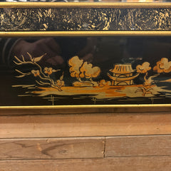 Chinoiserie Rectangular Mirror, Reverse Painted Glass Featuring Figures, Pagodas and Dragons in Gold and Black Color Scheme, Sku 033531