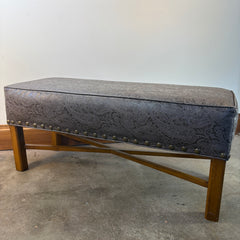 Paisley Embossed Faux Leather Bench with X Shaped Stretcher Below, Sku 033352