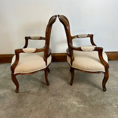 Pair of Carved Oval Cane Back Armchairs, Brown, Beige