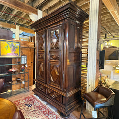 Extra Large Antique Wardrobe Cabinet, Wood Species is Unknown, Large Crown, Large Lower Drawer, 2 Doors Reveal Open Cavity, Carved Diamond Motif, Sku 033509