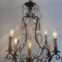 Antique French Six Arm Bronze & Crystal Chandelier w/ Clear & Mocha Colored Crystals, Sku 033733