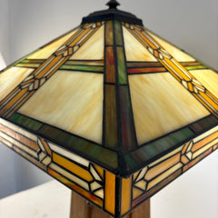 Square Mission Style Table Lamp Oak Base and Stained Glass Shade, Sku 033839