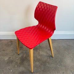 Set of 4 Metalmobil Dining Chairs Molded Red Shell, Diamond Pattern on Maple Leg Structure, Sku 033835