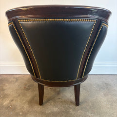 Hancock and Moore Black Leather Armchair Tufted Back Elaborate Wood Frame with Interlocked Coin Design, Sku 034126