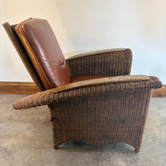 Restoration Hardware Deck Chair and Ottoman Dark Brown Wicker and Wood Arm Rests Cognac Leather Cushions Adjustable Pegs for Desired Reclining Position