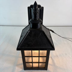 Exterior Wall Sconce Lantern Style Black Finished Steel, Pebbled Glass, Fern Motif, Sku: 033721