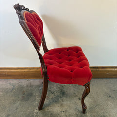 Victorian Wood and Tufted Red Velvet Parlor Chair with Carved Roses, Sku 033521