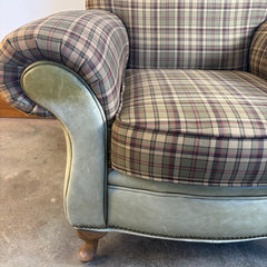 Great Western Brand Armchair Ottoman Set, Pale Green Leather, Plaid Upholstery, Sku: 033674