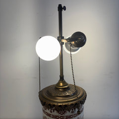 Antique Table Lamp Brown Transferware Porcelain with Elaborate Brass Filagree Detail Double Socket, Sku 034120