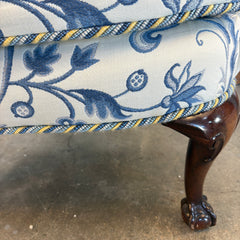 Custom Upholstered Wing Back Chair, Indigo & Cream Turkish Flower Pattern, Sku: 033545