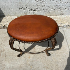 Ornate Oval Leather Top Foot Stool, Iron Base
