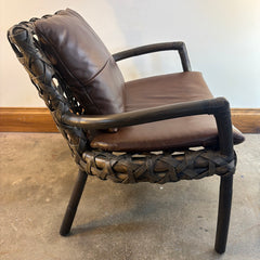 Palecek Arm Chairs Rattan and Woven Natural Material Loose Cushions in Supple Brown Leather, Sku 033804