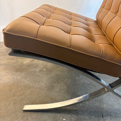 Barcelona Chair Designed by Mies van der Rohe in 1929 Polished Chrome Crisscross Base and New Hand Stitched Welted Carmel Brown Leather Squares, Sku 034141