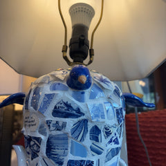 Mosaic Delft Pottery Table Lamp Teapot and Bird Motif with White Square Silk Shade, Sku 033842