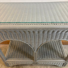 Double Arch Design Wicker Console Table or Bar Cart on Casters w/ Gray Painted Finish, Sku 033796