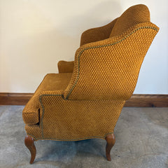 Pearson Wingback Chair, Cognac Oval Patterned Chenille, Nail Head Detail, Queen Anne Style Legs