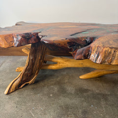 Branch Base Burl Root Top, Teal Epoxy Coffee Table, Live Edge Wood, Sku: 033444