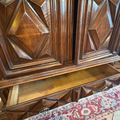 Extra Large Antique Wardrobe Cabinet, Wood Species is Unknown, Large Crown, Large Lower Drawer, 2 Doors Reveal Open Cavity, Carved Diamond Motif, Sku 033509